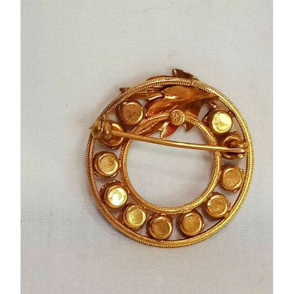 DCE Round Leaves Red Stones Gold Tone 1/20 14 KT GF Vintage Brooch Pin 1" - Picture 5 of 9